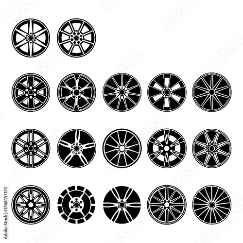 Vector art of collection of twenty different car wheel rims