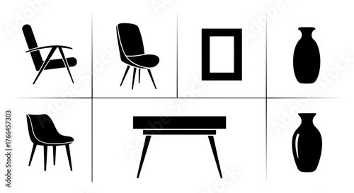 Vector art of furniture arrangement with chairs, table, vases and frame