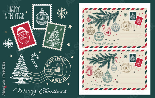 Christmas postcard, card with tree and ball, Festive Stamps Collection, hand drawn illustration.	
