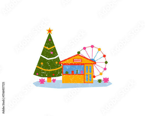 Festive Christmas Market Scene with Tree and Ferris Wheel Illustration