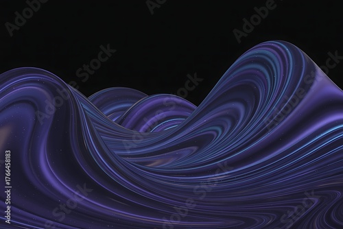 Abstract flowing waves of deep purple and blue fabric with swirling textures and highlights against a dark black background creating a luxurious and elegant visual
