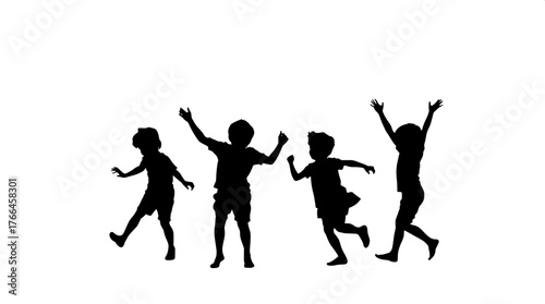 Playtime Moment

A black and white silhouette of children playing together around a single adult figure. The children are engaged in playful gestures—one skipping, one bending to pick something up, on
