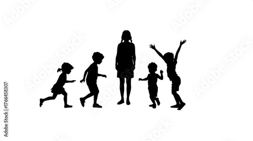 Playtime Moment

A black and white silhouette of children playing together around a single adult figure. The children are engaged in playful gestures—one skipping, one bending to pick something up, on