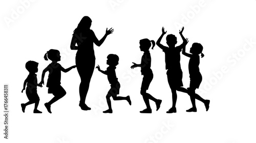 Playtime Moment

A black and white silhouette of children playing together around a single adult figure. The children are engaged in playful gestures—one skipping, one bending to pick something up, on