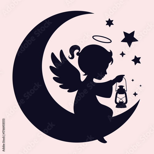 Dark silhouette of an angel child with wings halo and lantern sitting on a crescent moon surrounded by stars on a pale pink background