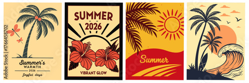summer background with palms : retro summer posters set with palm trees, sun, and waves for vacation and tropical vibes for poster, greeting card and flyer