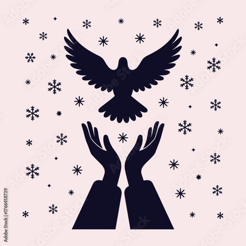 Dark blue silhouette of a dove flying above outstretched hands surrounded by snowflakes on a pale pink background
