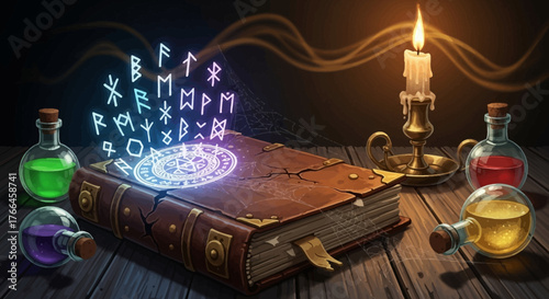 Ancient Spellbook with Runes and Potions - A Magical Scene.
