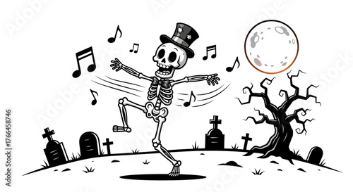 Dancing Skeleton in Cemetery with Top Hat and Musical Notes.