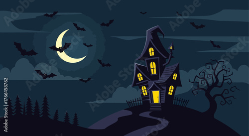 Spooky Haunted House on a Hill Under a Crescent Moon.