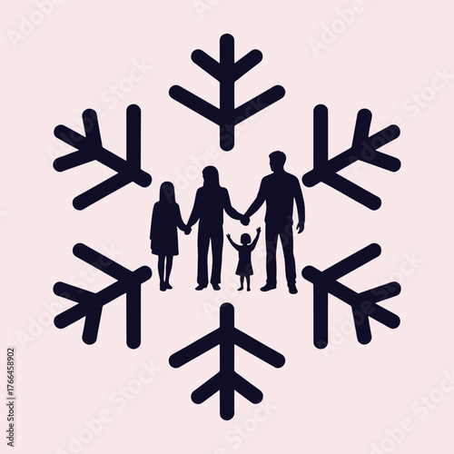 Dark blue silhouette of a family holding hands inside a snowflake shape on a light pink background winter
