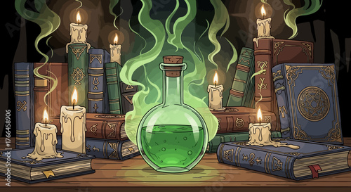 Mystical Potion Bottle Surrounded by Candles and Ancient Books.