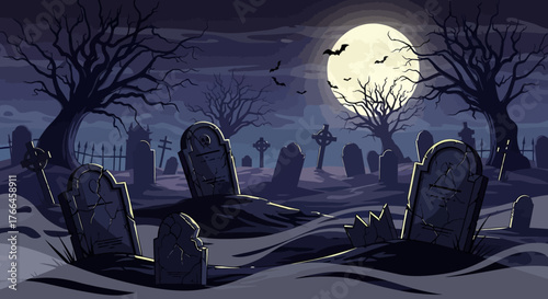 Spooky Graveyard Scene with Tombstones and Full Moon.