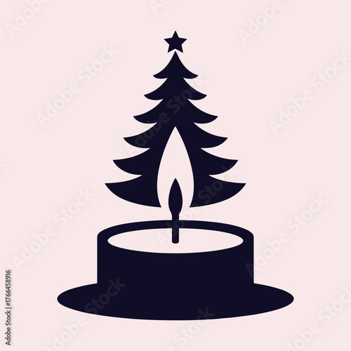 Dark blue stylized Christmas tree with star on top of a candle with flame on light pink background vector