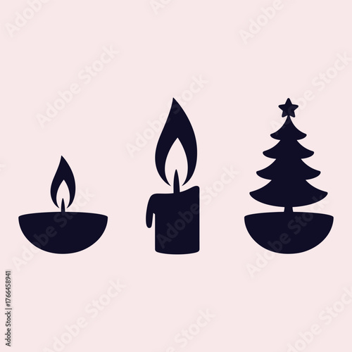 Dark blue silhouette of a diya candle a pillar candle and a Christmas tree on a pale pink background