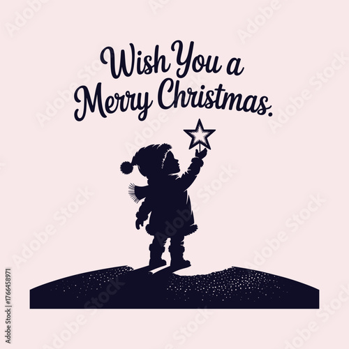 Silhouette of a child in winter clothing reaching for a star with Merry Christmas text vector