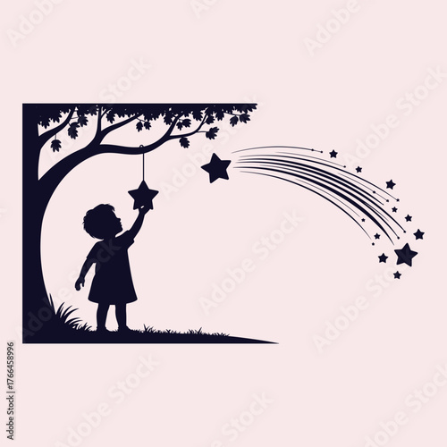 Silhouette of child reaching for a star hanging from a tree with a shooting star trail girl