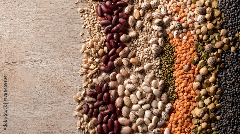 Obraz premium Close-up shot of various dried beans and lentils arranged in vertical rows on a wooden surface.