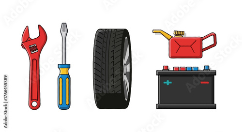 Flat vector illustration of mechanic tools like wrench, screwdriver, tire, oil can, and car battery arranged neatly, thick outline, minimal white background
