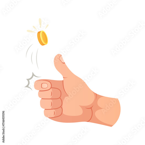 Hand tossing gold coin vector isolated on white backgroun.