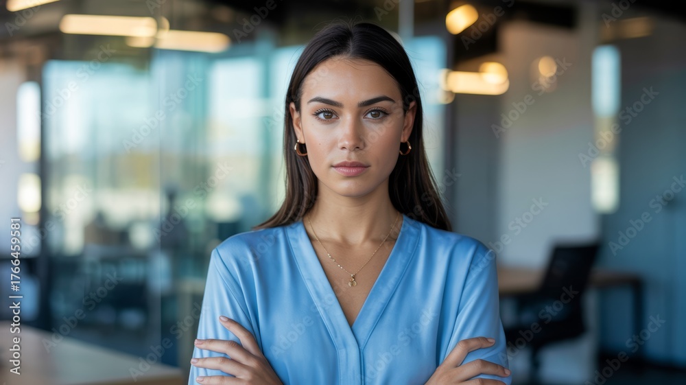 Obraz premium A confident woman stands with crossed arms, wearing a blue blouse, in a modern office setting with glass walls and warm lighting.