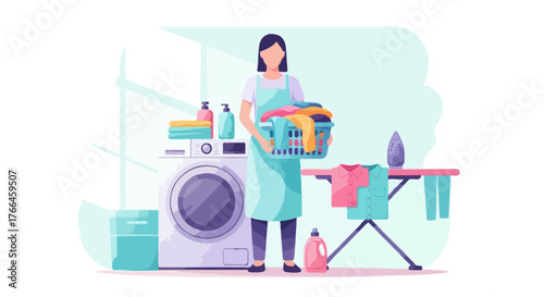 Faceless woman wearing apron holding laundry basket filled with colorful clothes, standing beside modern washing machine and ironing board, detergent bottle on floor, bright clean laundry room 