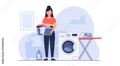 Flat vector illustration of a faceless woman doing laundry at home, holding a basket of clothes near a washing machine, with detergent bottle and ironing board beside her