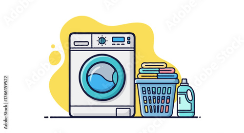 Colorful flat vector of a washing machine with folded clothes in a laundry basket and a detergent bottle beside it