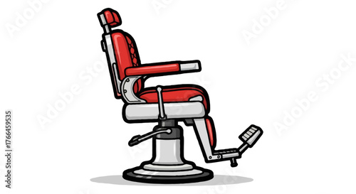 Vintage barber chair illustration, red cushion with metallic structure, adjustable footrest, side view, flat vector icon style with thick outline and soft shadow