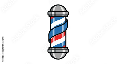 Barber pole icon, red white blue spiral stripes, metallic top and bottom, isolated on white background, flat vector illustration with thick outline and modern minimal color palette