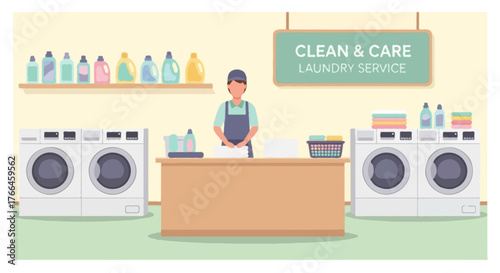 Flat vector illustration of a faceless laundry shop interior, showing a worker folding clean clothes near washing machines and detergent bottles