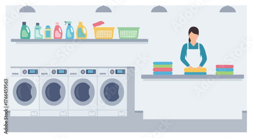 Flat vector illustration of a faceless laundry shop interior, showing a worker folding clean clothes near washing machines and detergent bottles