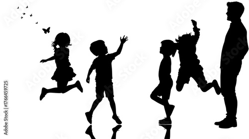 Classic Group Silhouette

A minimalist black and white silhouette composition featuring a group of children and one adult, all standing and interacting naturally. The children are shown in various dyn