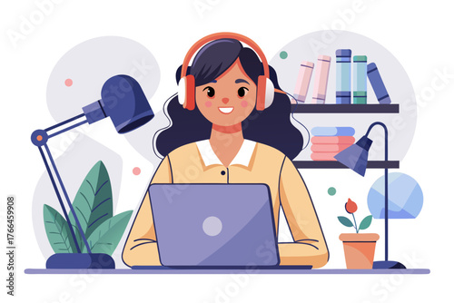 ragazza che lavora al computer indossando le cuffie 02