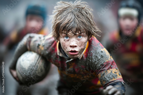 Exciting rugby tackle in muddy conditions showcases dynamic youth sport action Generative AI