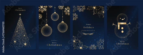Christmas and Happy Holidays card vector set. Luxury gold victorian frame, leaves branch, flower, star, snowflake on navy blue background. Design illustration for poster, cover, invitation, ads.
