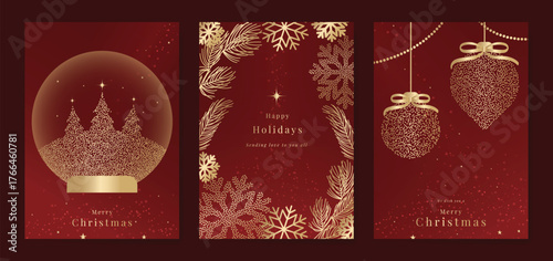 Christmas and Happy Holidays card vector set. Luxury gold victorian frame, leaves branch, flower, star, snowflake on navy blue background. Design illustration for poster, cover, invitation, ads.
