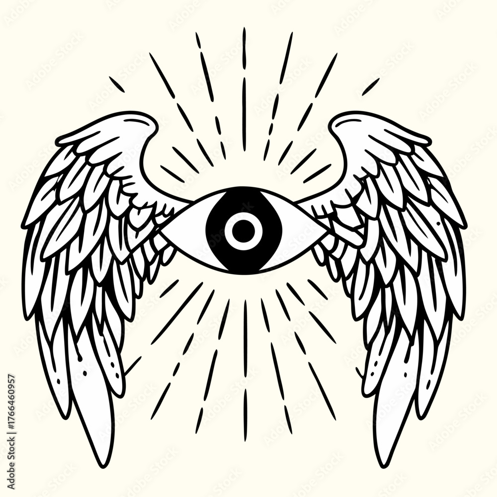 Fototapeta premium Winged sacred eye with divine rays in mystical style, symbolizing protection and spiritual vision