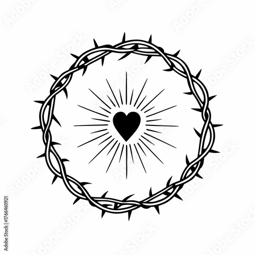 Heart with radiant light inside sacred thorn circle, symbolizing love, sacrifice, and spiritual devotion