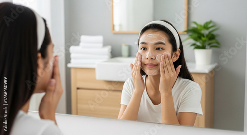 Teen washing face with cleanser in minimal bathroom, skincare routine