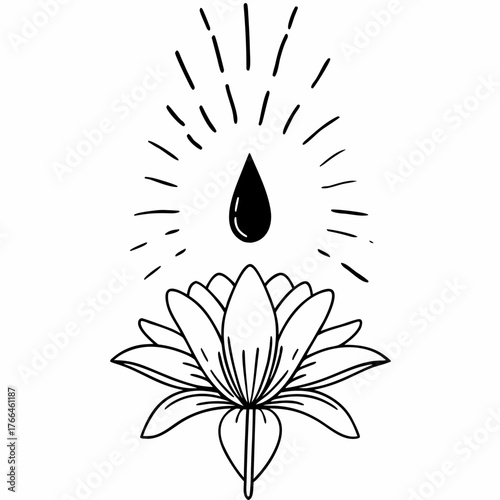 Sacred tear above blooming lotus flower with radiant lines, symbolizing purity and spiritual awakening