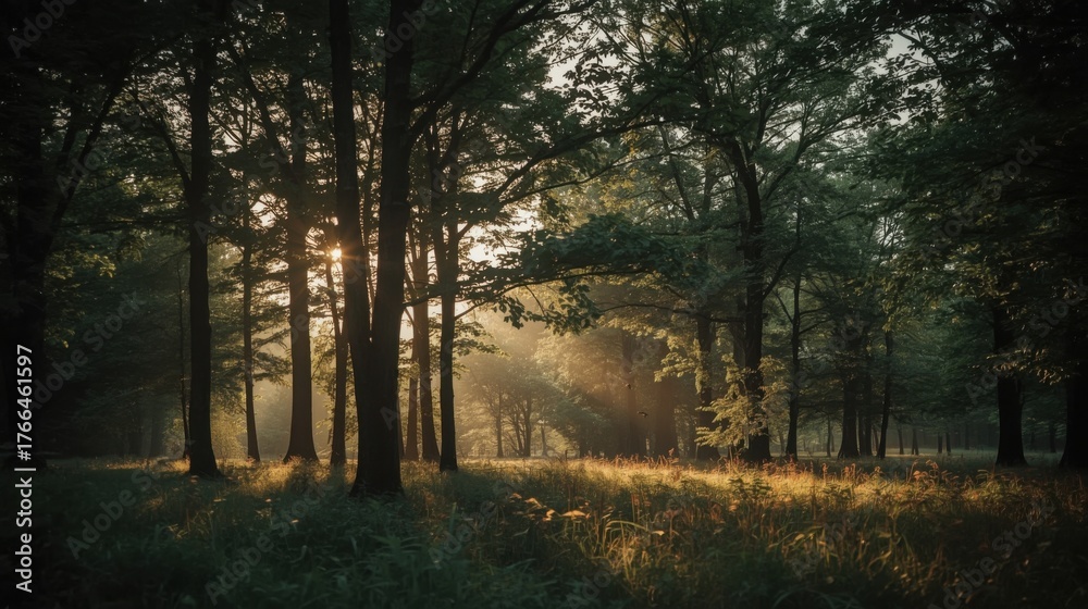 Naklejka premium Sunlight streaming through tall trees in a dense forest casting light on the forest floor below