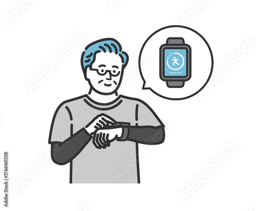 スマートウォッチで万歩計アプリを確認する中年男性