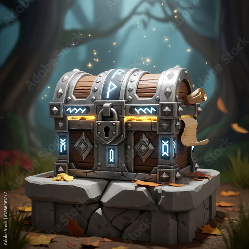 Discover a magical treasure chest brimming with ancient runes and glowing energy, nestled in a mystical forest setting with scattered gold coins.
