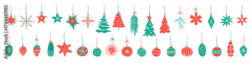 Set of isolated Christmas ornaments in red and green for holiday decorations on transparent background.