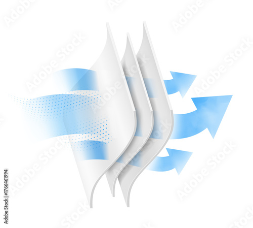 Three wavy layers with arrow for presentation breathable materials, airflow, air exchange. Vector illustration isolated on white background. Great infographic for your fabric, fiber, material. EPS10.