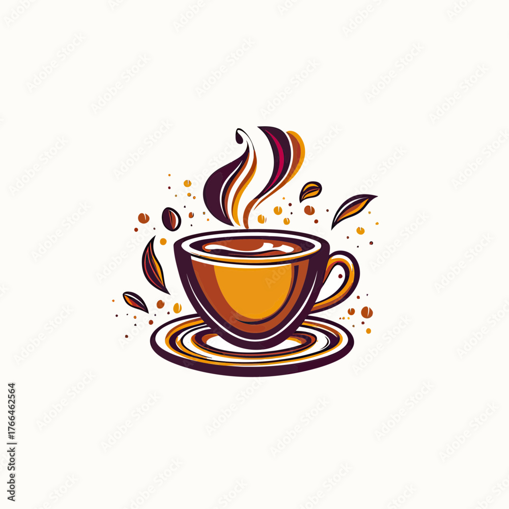 Fototapeta premium Abstract stylized coffee cup with steam and decorative coffee beans and leaves, modern minimalistic coffee shop logo design vector illustration on white background