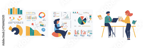 Business professionals analyzing marketing data with charts and graphs, discussing strategy with laptops in modern office environment flat vector illustration
