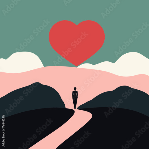Silhouette of person standing on winding path toward large red heart in minimalist abstract landscape with hills and clouds