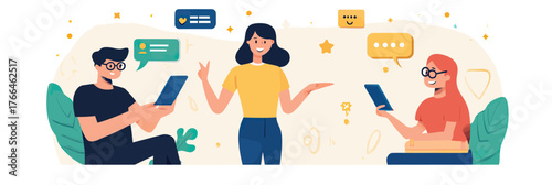 Young people interacting with digital devices giving feedback and exchanging messages in flat minimalist style for customer support communication concept illustration